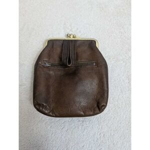 Vintage Brown Leather Coin Purse Kiss Clasp Frame Wallet Pouch